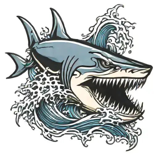 shark jaw with water waves tattoo design idea