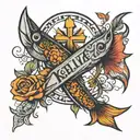 Im creating a forearm tattoo with a cross, a little fish, a girls name callie and my last name Kekua tattoo design idea