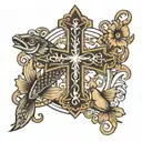 Im creating a forearm tattoo with a cross, a little fish, a girls name callie and my last name Kekua tattoo design idea