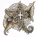 Im creating a forearm tattoo with a cross, a little fish, a girls name callie and my last name Kekua tattoo design idea