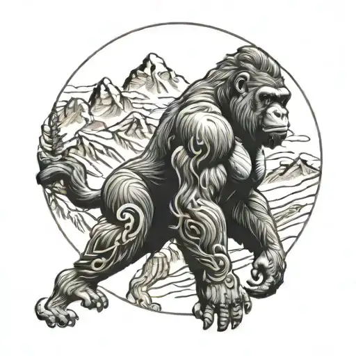 A tattoo of a muscular gorilla hiking in a mountain landscape with a French bull dog, with intricate line art details tattoo design idea