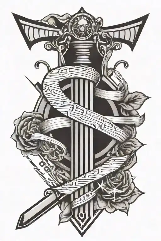 geometry, key, sword, stripes, dots, word, tattoo design idea