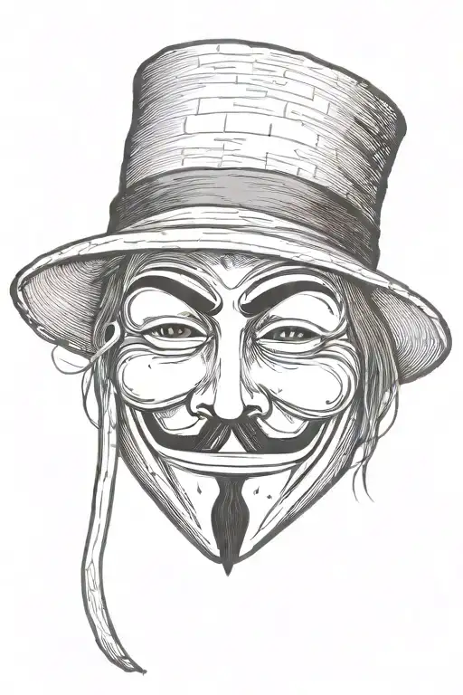 V for Vendetta mask and hat incorporated with the word shh going around him tattoo design idea