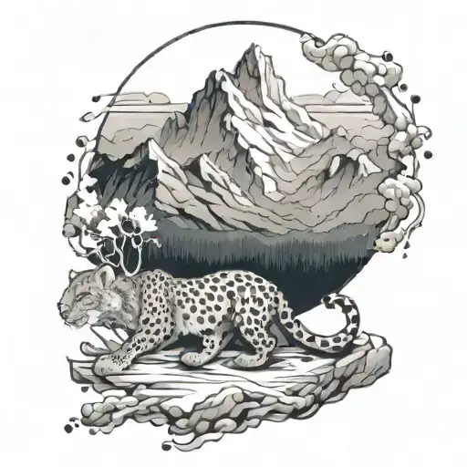 A mountain range with hidden snow leopards peeking out tattoo design idea