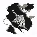 A snow leopard climbing a mountain peak tattoo design idea