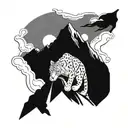 A snow leopard climbing a mountain peak tattoo design idea