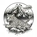 A mountain range with hidden snow leopards peeking out tattoo design idea