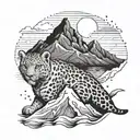 A mountain range with hidden snow leopards peeking out tattoo design idea