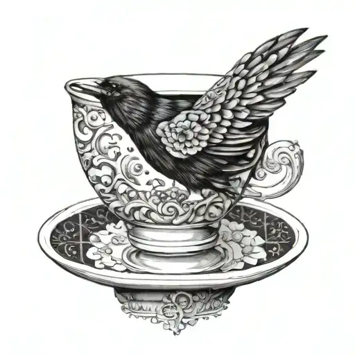 teacup crow garnet jewel tattoo design idea