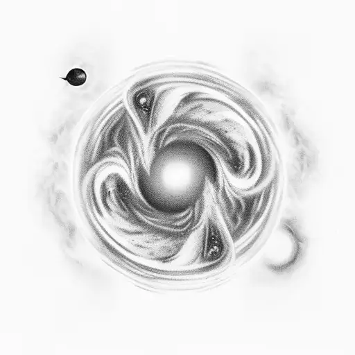 A mesmerizing black hole surrounded by various ingredients and culinary tools, representing the client's occupation as a chef and fascination with black holes tattoo design idea