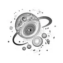 A mesmerizing black hole surrounded by various ingredients and culinary tools, representing the client's occupation as a chef and fascination with black holes tattoo design idea