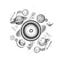 A mesmerizing black hole surrounded by various ingredients and culinary tools, representing the client's occupation as a chef and fascination with black holes tattoo design idea