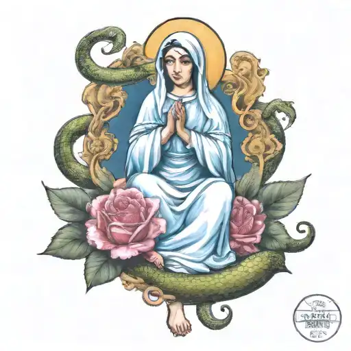 mother mary with snake stepped on tattoo design idea