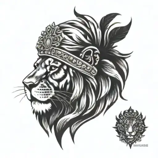A blackwork tattoo of a majestic lion wearing a turban, symbolizing strength and pride in Punjabi culture tattoo design idea