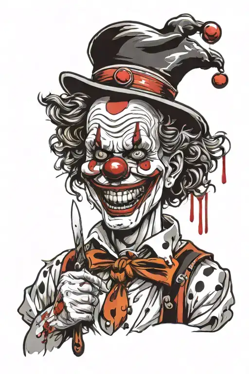 Crazy clown with blood on his face smiling histrionically and holding a knife full of blood. tattoo design idea