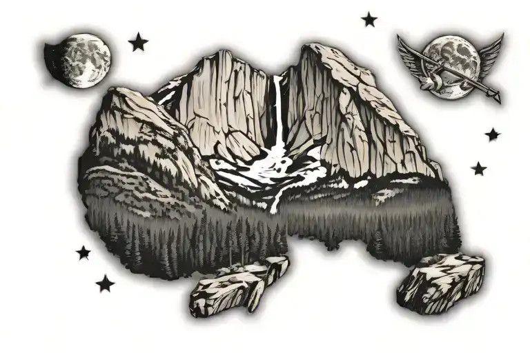 Yosemite half dome with stars and moon in a guitar  tattoo design idea
