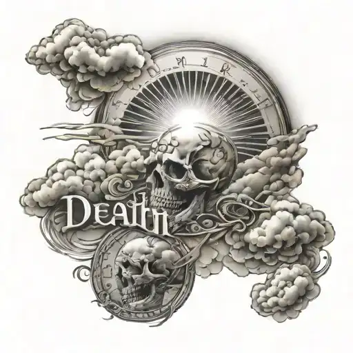 sun shining over clouds with the writing Death Is Not The End tattoo design idea