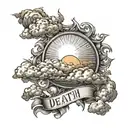 sun shining over clouds with the writing Death Is Not The End tattoo design idea