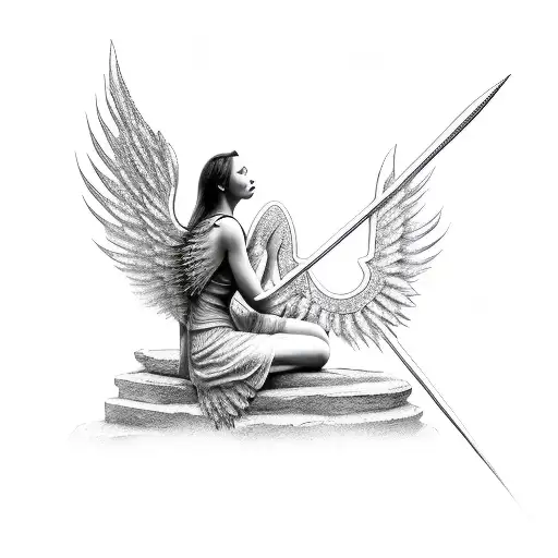 sad Angel sitting down and hunched over. view from the side profile.Three swords stabbed in her back tattoo design idea
