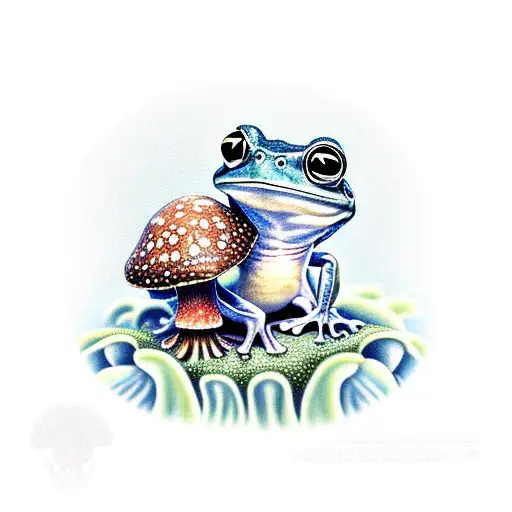 big eyed frog on a mushroom with ferns and crystals  tattoo design idea