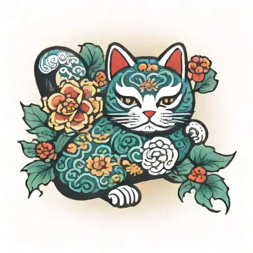 Japanese floral lucky cat tattoo design idea