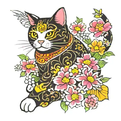 Japanese lucky cat surrounded by flowers tattoo design idea