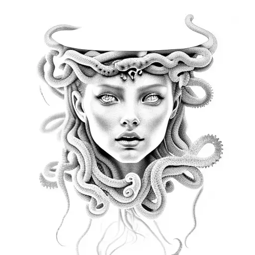 A stunning black and grey portrait of Medusa with jellyfish tentacles instead of snakes. tattoo design idea