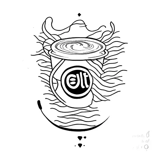 A minimalist tattoo of a coffee cup and a paintbrush entwined with the words 'Quietly Caffeinated' tattoo design idea