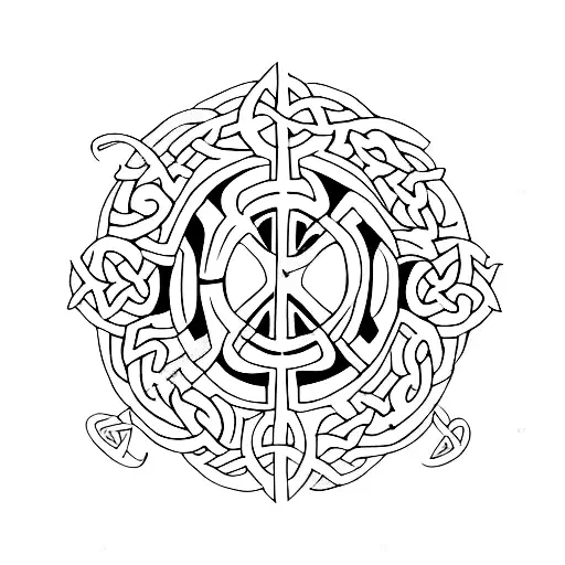Celtic peace symbol with the word peace in Hebrew and Arabic  tattoo design idea