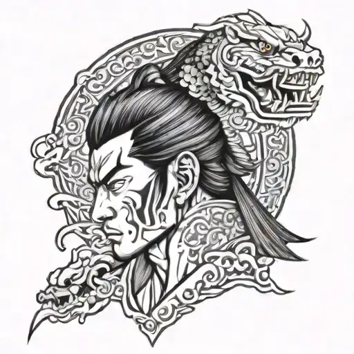 Create a tattoo of a yakuza warrior in a traditional Japanese setting, with intricate details and shading tattoo design idea