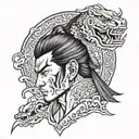 Create a tattoo of a yakuza warrior in a traditional Japanese setting, with intricate details and shading tattoo design idea