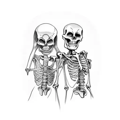 skeleton wearing a suit dancing with a human lady wearing a dress tattoo design idea