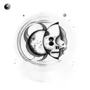 two girls looking at each other while sitting. in the backgroud is the planet pluto, venos and the moon. tattoo design idea