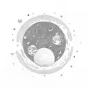 two girls looking at each other while sitting. in the backgroud is the planet pluto, venos and the moon. tattoo design idea