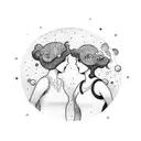 two girls looking at each other while sitting. in the backgroud is the planet pluto, venos and the moon. tattoo design idea