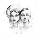 two girls looking at each other while sitting. in the backgroud is the planet pluto, venos and the moon. tattoo design idea