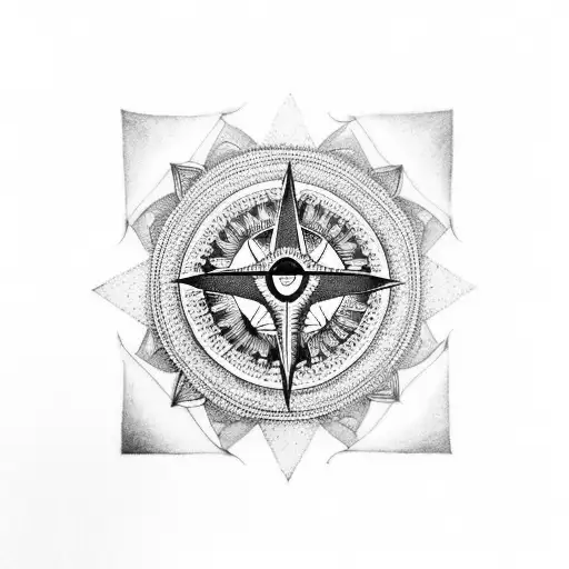 A black-grey tattoo of a Freemasonry compass and square merged with Indian mandala patterns tattoo design idea