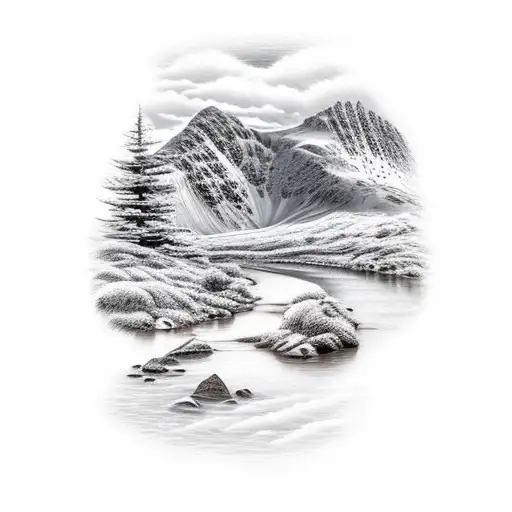 Mountain Scene like mount snowdon  with river and trees tattoo design idea