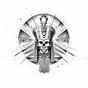 A skull wearing an Egyptian pharaoh headdress, with philosophical quotes written in hieroglyphs tattoo design idea