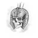 A skull wearing an Egyptian pharaoh headdress, with philosophical quotes written in hieroglyphs tattoo design idea