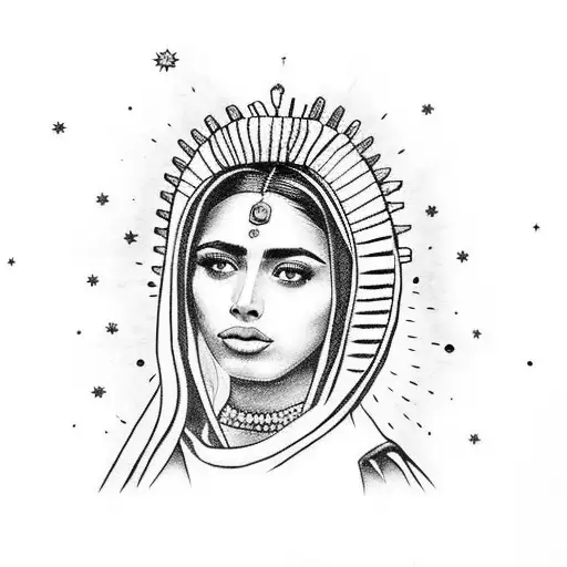lady of Guadalupe with marigold leading to starry nights tattoo design idea