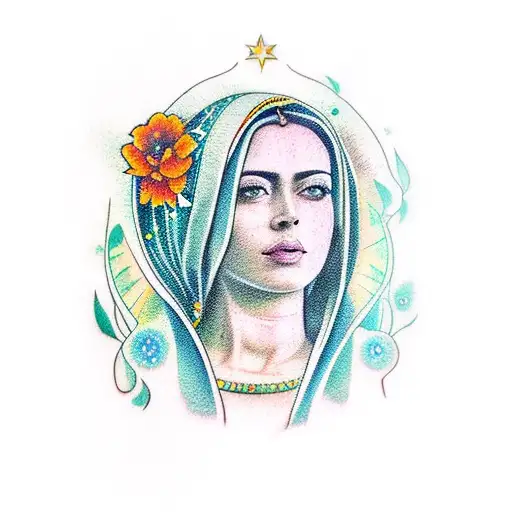 lady of Guadalupe with marigold leading to starry nights tattoo design idea