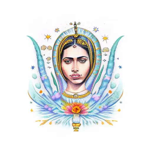 lady of Guadalupe with marigold leading to starry nights tattoo design idea