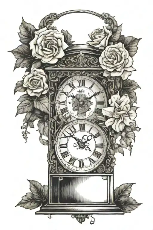 calf sized tatto with Roman numerals clock. square lined. with mentioned ASHYAI and BABY MERI. tattoo design idea