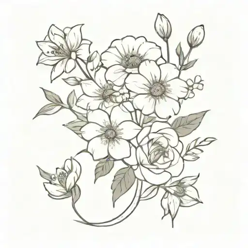 simple boquet doodle with daisy, morning glory, cosmos, peony, narcissus  tattoo design idea