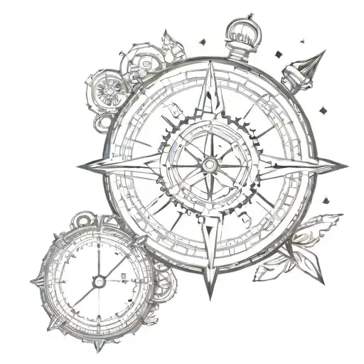 compass and clock mixed together with arrows   tattoo design idea