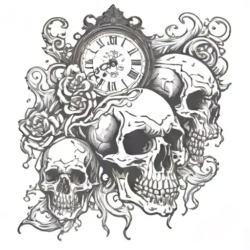 melting skulls and clock tattoo design idea