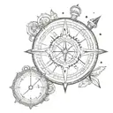 compass and clock mixed together with arrows   tattoo design idea