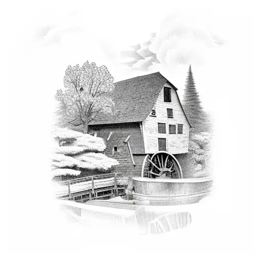 Bee flying around a watermill and willow tree tattoo design idea