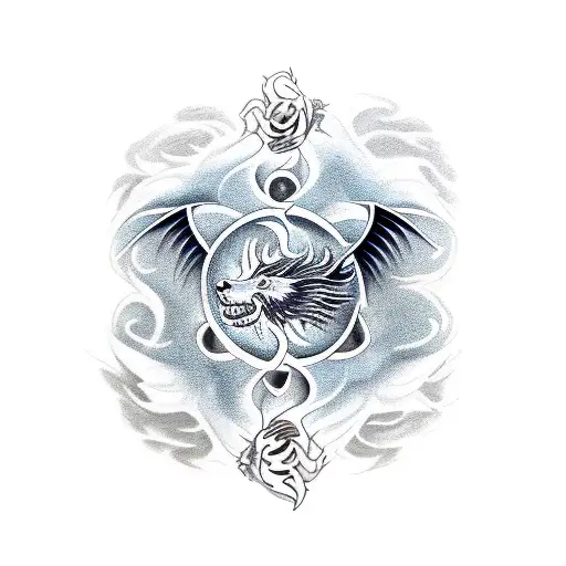 right a wolf, up a phoenix, yin yang in center and dragon left tattoo design idea